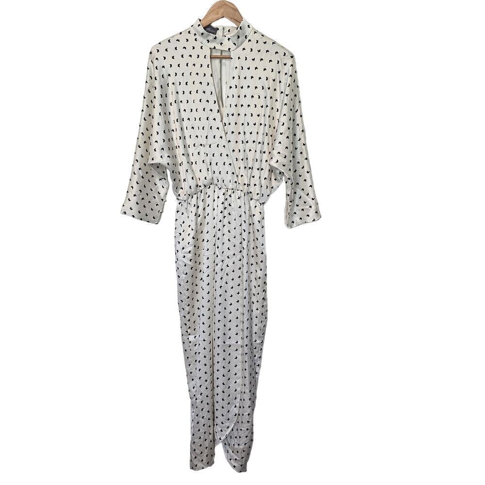 Monique Lhuillier Silk Dress Womens Sz 6 White Butterfly Midi Faux Wrap No Belt